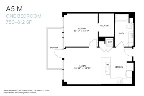 Floor plan for 1 bed, 1 bath, 750 sqft